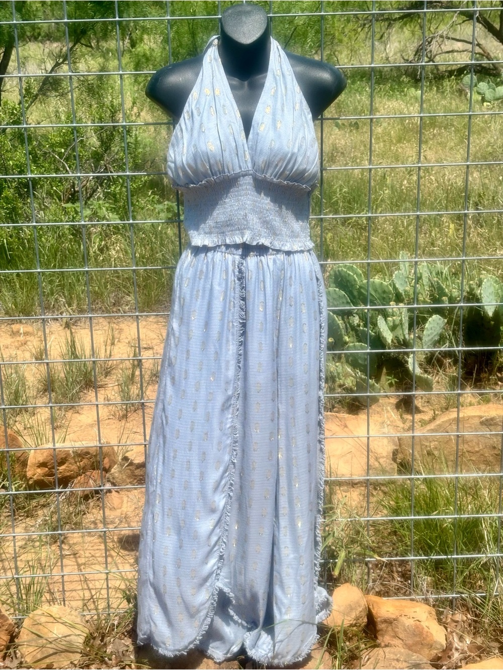 Surf Gypsy Light Blue Halter Top with Wide Flowing Legs Gold Shimmer
